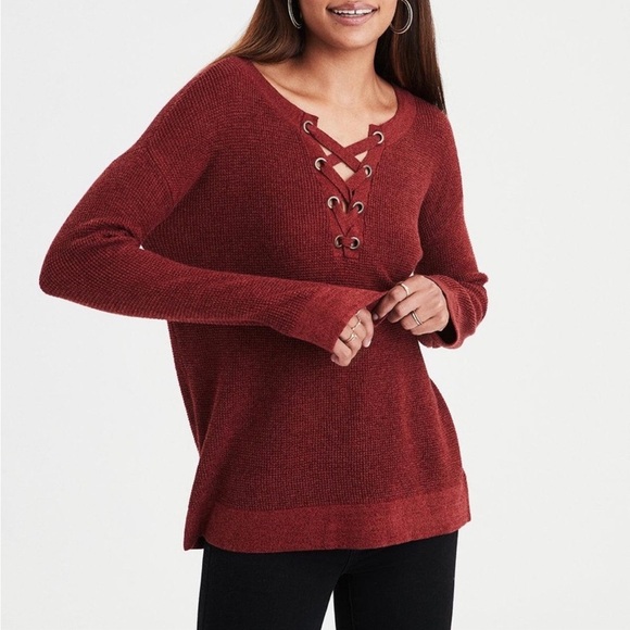 American Eagle Brown Jegging Fit Waffle Knit Lace Up Detail Pullover Sweater - Picture 1 of 7